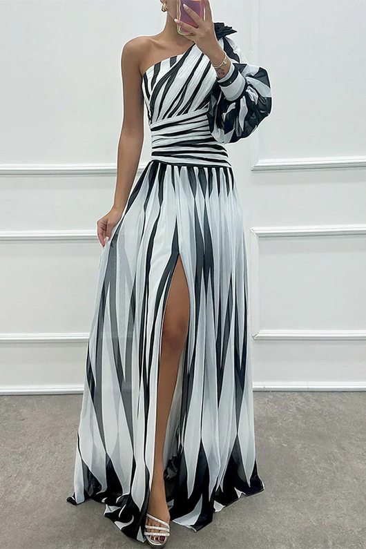 Hazel™ | Vestido maxi elegante a rayas de un solo hombro