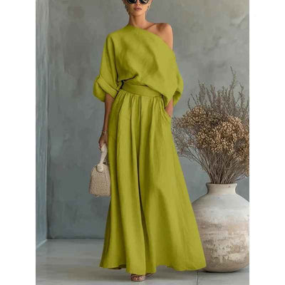 Lisa | Conjunto de top suave de hombros descubiertos y pantalones entallados