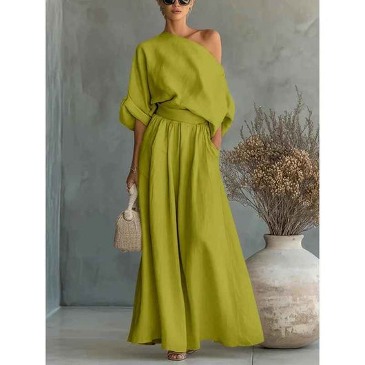 Lisa | Conjunto de top suave de hombros descubiertos y pantalones entallados