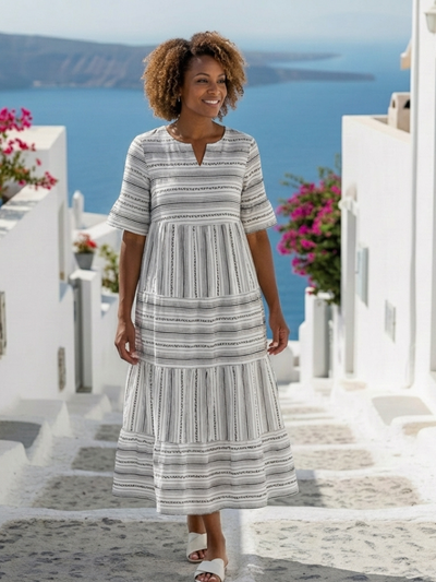Parisa | Vestido midi a rayas de manga corta con volantes en capas