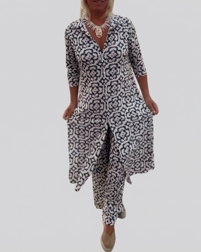 Sara | Conjunto de túnica bohemia con estampado geométrico y pantalones de pierna ancha
