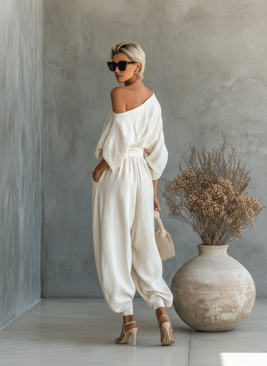 Lisa | Conjunto de top suave de hombros descubiertos y pantalones entallados