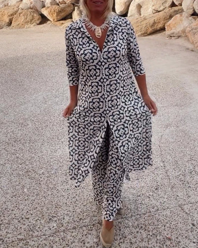 Sara | Conjunto de túnica bohemia con estampado geométrico y pantalones de pierna ancha