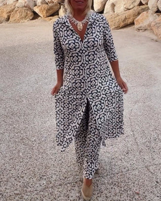 Sara | Conjunto de túnica bohemia con estampado geométrico y pantalones de pierna ancha