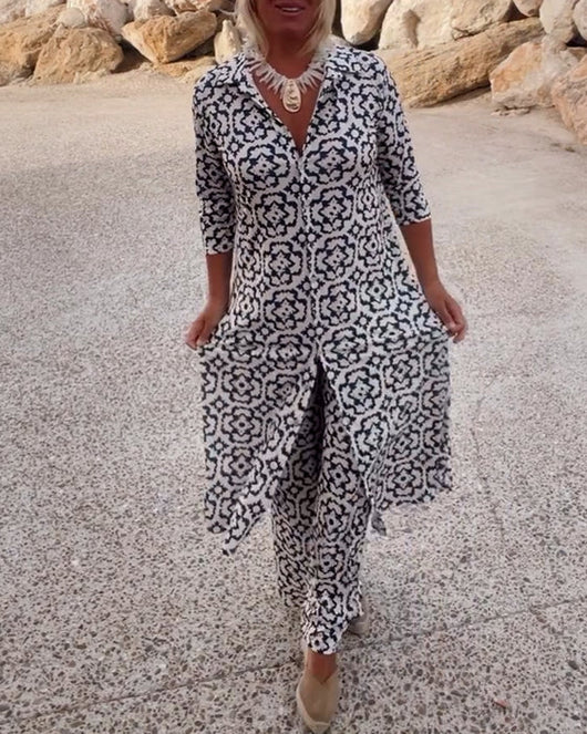Sara | Conjunto de túnica bohemia con estampado geométrico y pantalones de pierna ancha