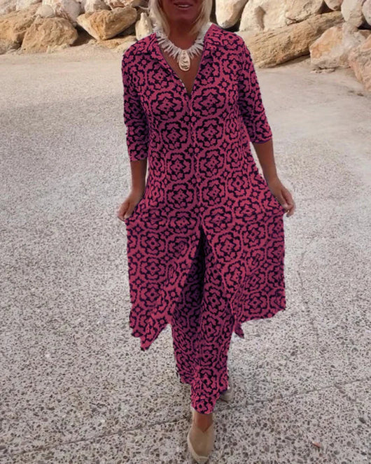 Sara | Conjunto de túnica bohemia con estampado geométrico y pantalones de pierna ancha