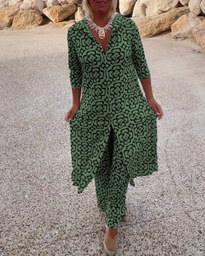 Sara | Conjunto de túnica bohemia con estampado geométrico y pantalones de pierna ancha