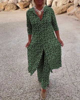 Sara | Conjunto de túnica bohemia con estampado geométrico y pantalones de pierna ancha