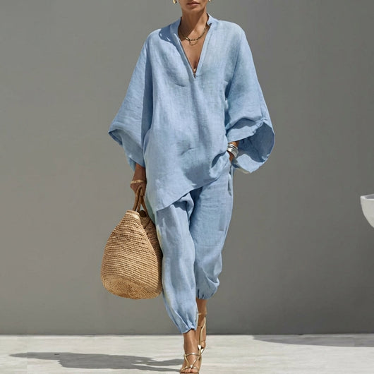 Marina | Top holgado con escote en V y pantalones de pierna ancha, conjunto coordinado
