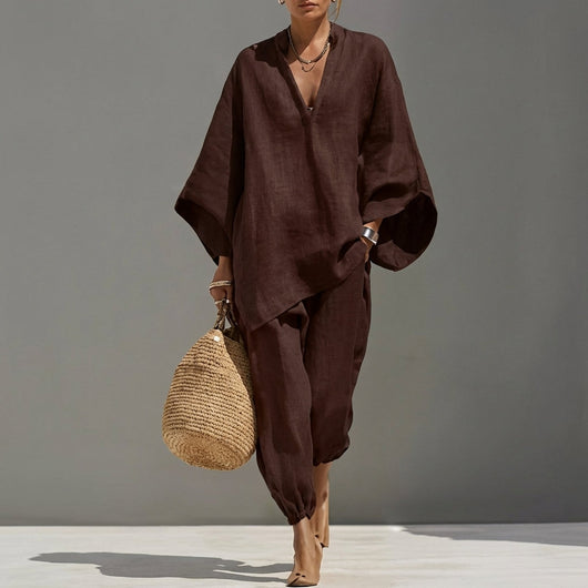 Marina | Top holgado con escote en V y pantalones de pierna ancha, conjunto coordinado