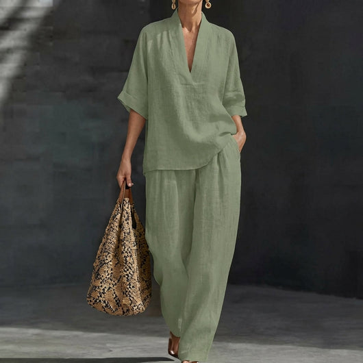 Dolores | Conjunto a juego con top Henley holgado y pantalones de pierna ancha