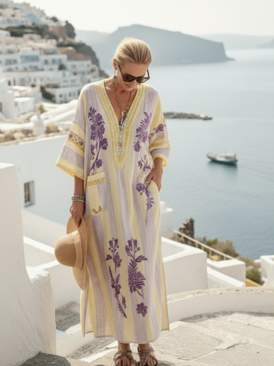 Aurelia | Vestido maxi con escote en V, manga corta, estampado floral a rayas
