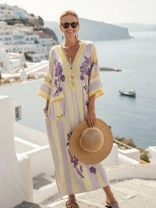 Aurelia | Vestido maxi con escote en V, manga corta, estampado floral a rayas