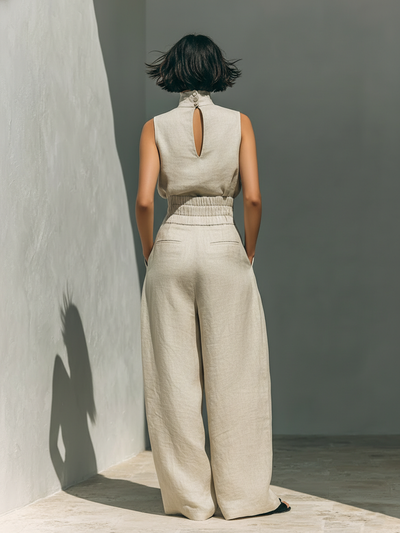 Aurora | Conjunto coordinado beige holgado sin mangas con pantalones de pierna ancha
