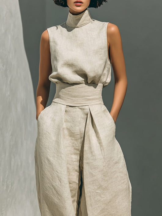 Aurora | Conjunto coordinado beige holgado sin mangas con pantalones de pierna ancha