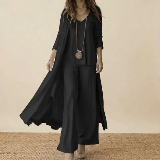 Raquel | Conjunto suave de tres piezas con túnica y pantalones de pierna ancha