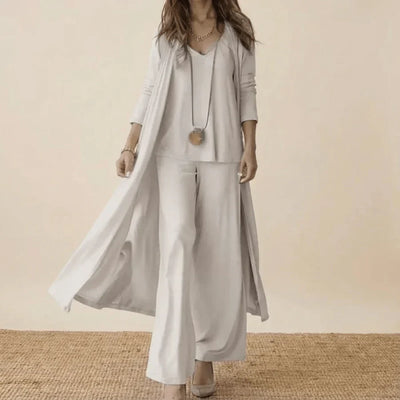 Raquel | Conjunto suave de tres piezas con túnica y pantalones de pierna ancha