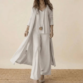 Raquel | Conjunto suave de tres piezas con túnica y pantalones de pierna ancha