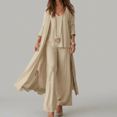 Raquel | Conjunto suave de tres piezas con túnica y pantalones de pierna ancha