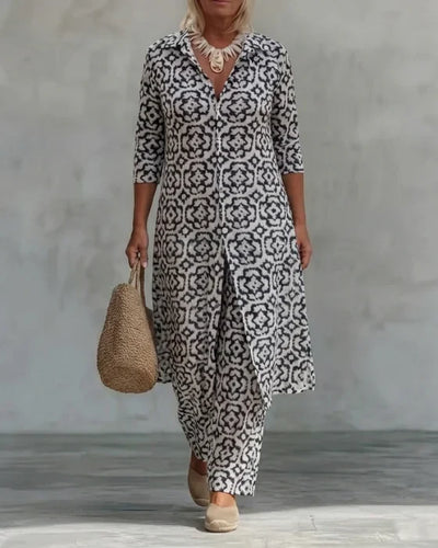 Sara | Conjunto de túnica bohemia con estampado geométrico y pantalones de pierna ancha