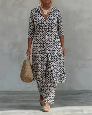 Sara | Conjunto de túnica bohemia con estampado geométrico y pantalones de pierna ancha