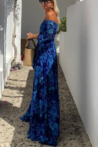 Luna™ | Vestido largo con estampado floral y mangas con hombros descubiertos