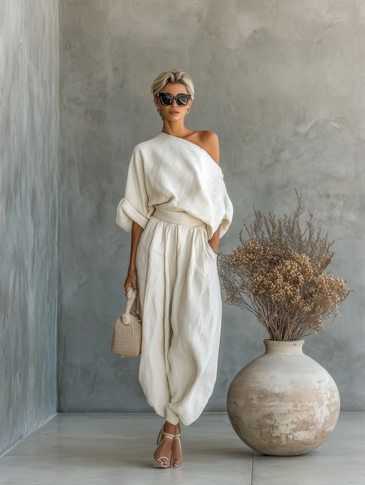 Lisa | Conjunto de top suave de hombros descubiertos y pantalones entallados