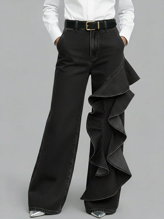 PANTALÓN VAQUERO WIDE LEG CON VOLANTE ASIMÉTRICO