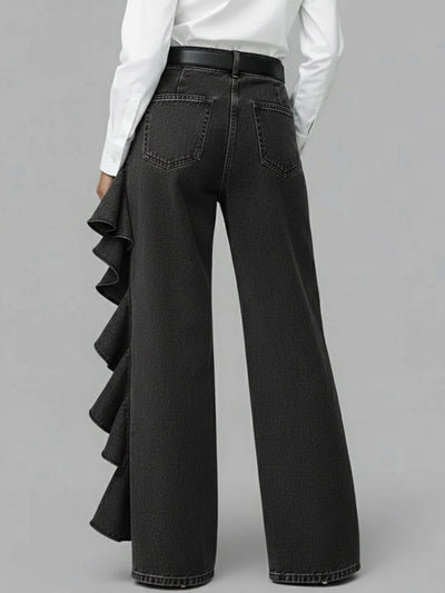 PANTALÓN VAQUERO WIDE LEG CON VOLANTE ASIMÉTRICO
