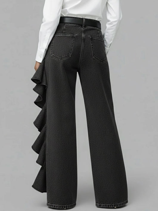 PANTALÓN VAQUERO WIDE LEG CON VOLANTE ASIMÉTRICO