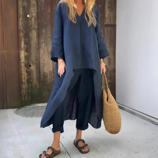 Lucía | Chaleco Largo Suelto y Pantalones de Pierna Ancha, Conjunto de dos piezas