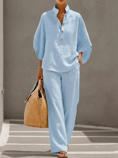 Maribel | Conjunto de blusa relajada de manga murciélago y pantalón de pierna ancha