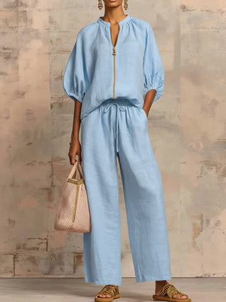 Alba | Camisa de botones holgada y pantalones de pierna ancha, conjunto coordinado